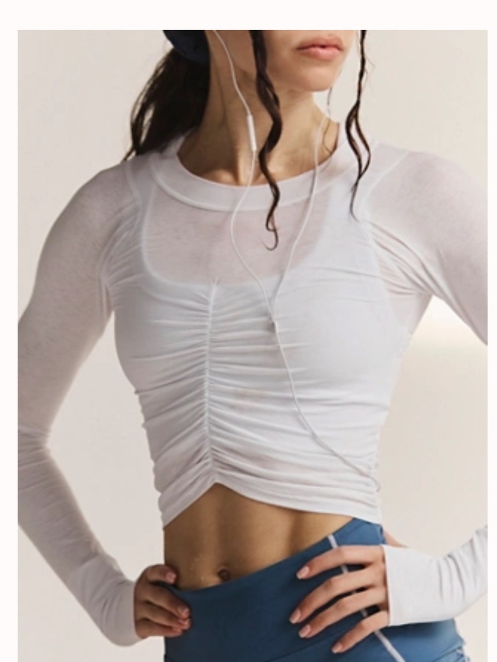 FP Movement by Free People White Ruched Long-Sleeve Crop Top